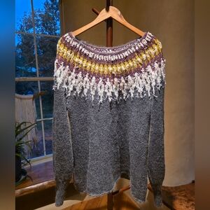 Free People Gray Sweater with Multicolor Yoke
